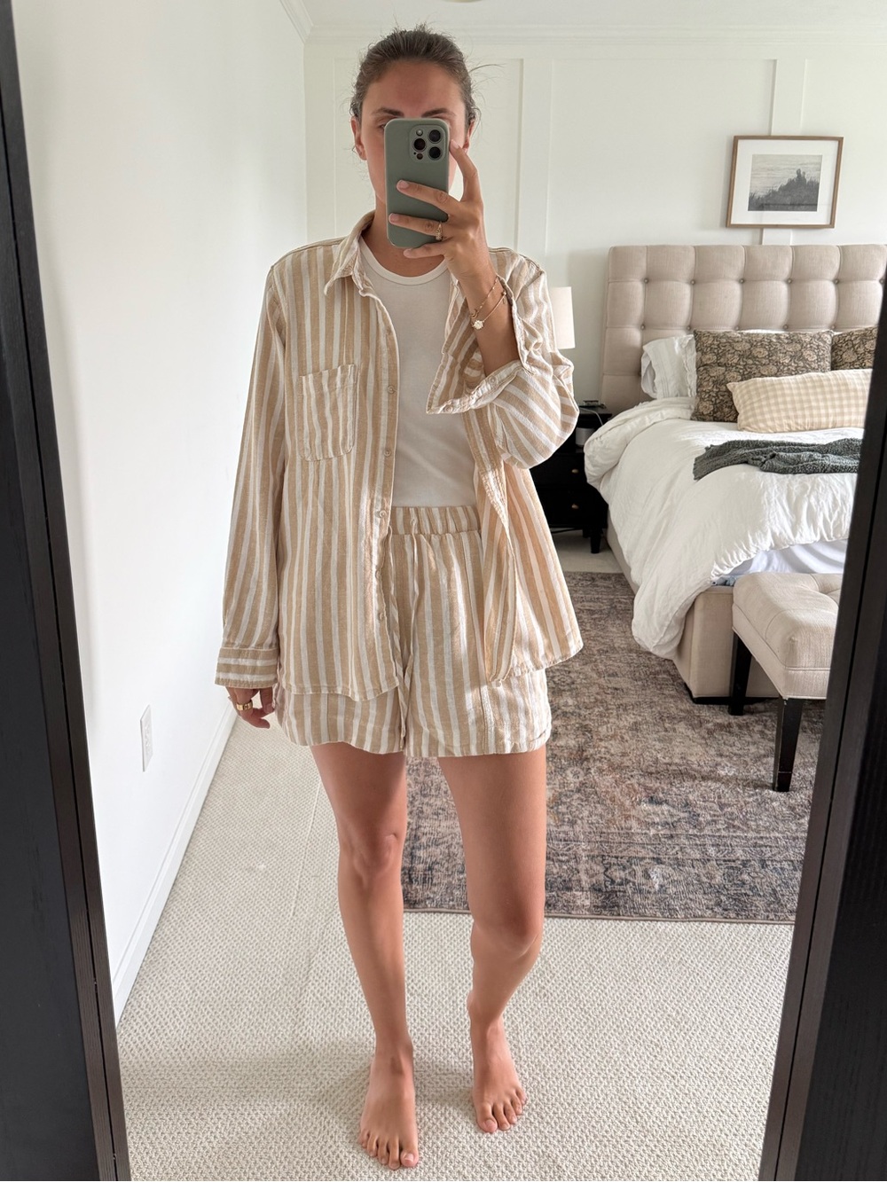 Universal Threads Beige & White Striped Button-Up Short Set